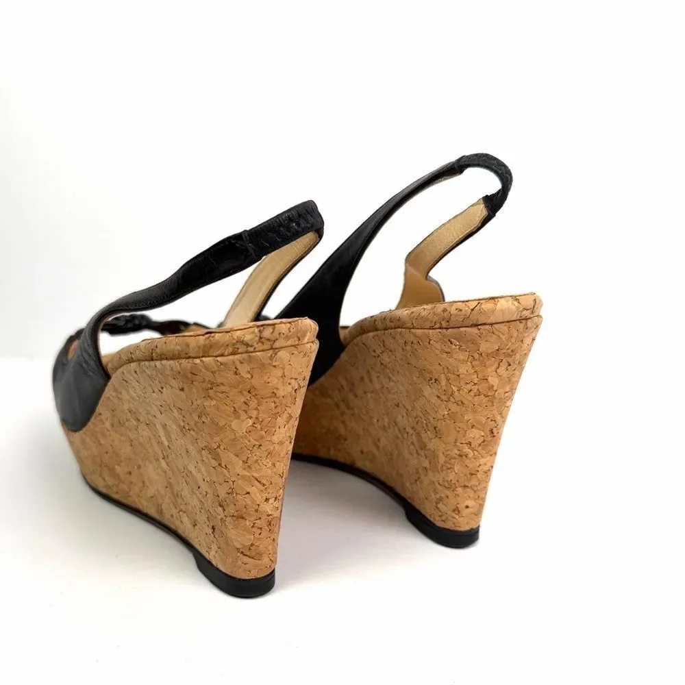 Christian Louboutin Cork Wedges Sandals Black Leather Peep Toe Slingback US 8